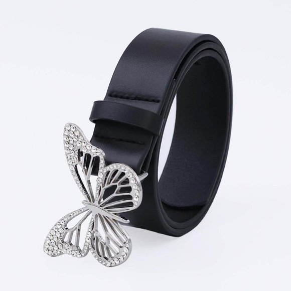 Silver 1pc Boho Womens Rhinestone Butterfly Buckle Fashion Belt, For Decoration